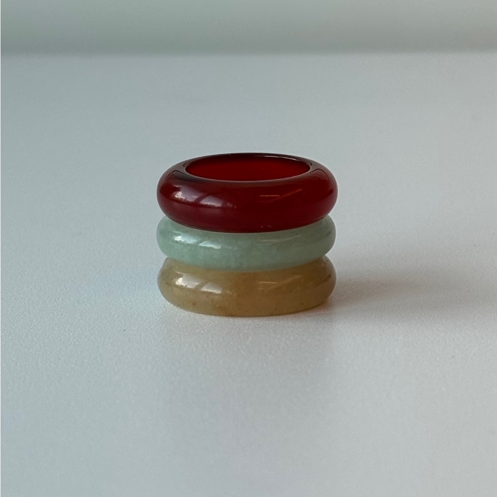 Stone Trilogy Stack Yellow Jade Red Agate Aventurine Ring Set Of 3 Bands, Size 7